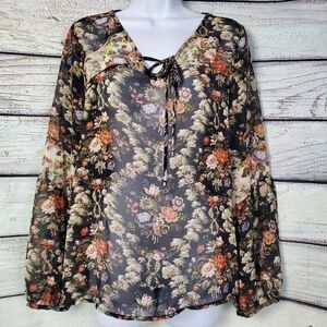 Forever 21 Contemporary Women's Floral Sheer Boho Peasant Blouse Size L Long Sle
